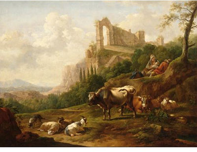 A FAMILY OF HERDSMEN AND THEIR CATTLE, WITH A CLASSICAL RUIN TO THE BACKGROUND