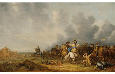 A CAVALRY SKIRMISH WITH A SIEGE OF A TOWN BEYOND