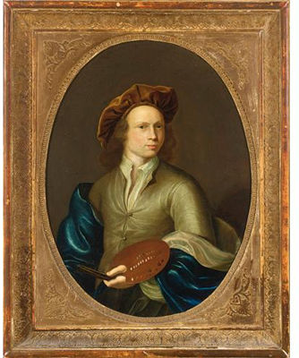 Portrait of Aert (Aart) Schouman: A SELF PORTRAIT OF A YOUNG PAINTER AT THE AGE OF 19, HALF LENGTH, HOLDING A PAINTERS PALETTE