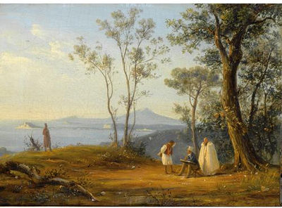 A PAINTER AT WORK IN AN ITALIANATE COASTAL LANDSCAPE by Antonie Sminck Pitloo - Auction record, sale price, and art valuation. Compare with similar artists and explore comparable artworks.