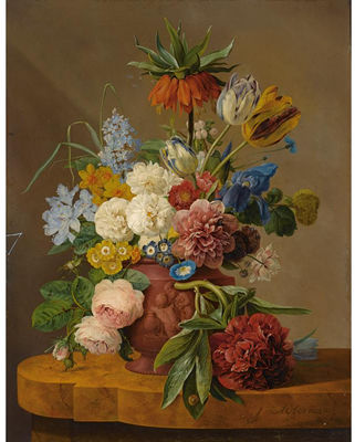 FLOWERS IN A VASE ON A MARBLE LEDGE