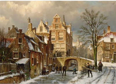 FIGURES ON A FROZEN CANAL IN A DUTCH TOWN by Willem Koekkoek - Auction record, sale price, and art valuation. Compare with similar artists and explore comparable artworks.
