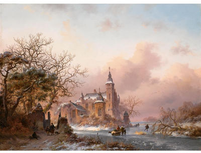 FIGURES ON A FROZEN WATERWAY, A SNOW COVERED CASTLE IN THE BACKGROUND
