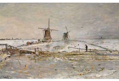SNOW COVERED WINDMILLS NEAR OVERSCHIE by Paul Joseph Constantin Gabriel - Auction record, sale price, and art valuation. Compare with similar artists and explore comparable artworks.