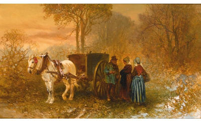 TRAVELLERS BY A HORSE AND CART IN A WOODED LANDSCAPE