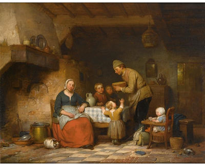 A PEASANT FAMILY GATHERED AROUND THE KITCHEN TABLE