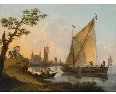 A river landscape with a sailing boat, two fishermen in a boat in the foreground, travellers on a path to the left, a view of a town beyond by Frans Swagers - Auction record, sale price, and art valuation. Compare with similar artists and explore comparable artworks.