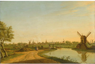 A view of Leiden looking from the north to the south with a tow-boat on the Haarlemmertrekvaart