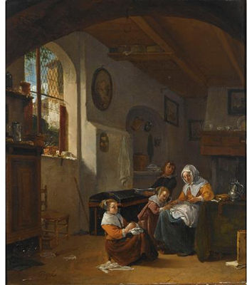 An interior with a mother teaching a girl to write, a young boy carrying a bowl, and another girl embroidering in the foreground by Thomas Wyck - Auction record, sale price, and art valuation. Compare with similar artists and explore comparable artworks.