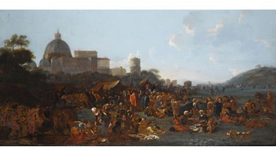 Figures feasting at a fair in Prati, outside the walls of Rome, with the Basilica di San Pietro and Monte Mario beyond