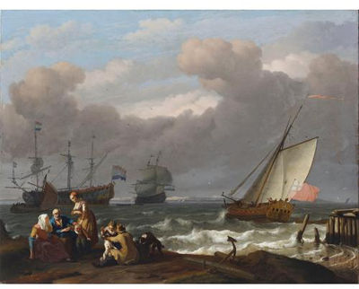 An english royal yacht leaving harbour in choppy seas with two dutch men-o'war beyond and a fisherman's family with two dogs on the shore in the foreground