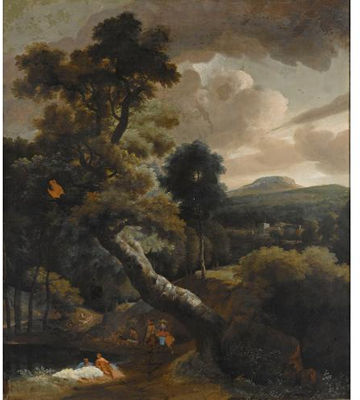 A wooded river landscape with several men bathing, travellers on a path to the left, a fisherman in a boat in the foreground, a view of a town beyond