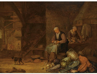 A barn interior with a woman peeling onions and another woman cleaning