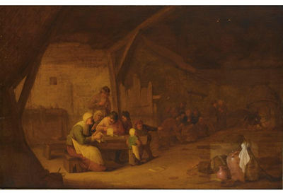 An interior of an inn with peasants singing at a table