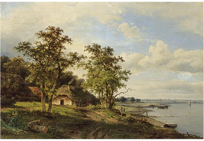 A SUMMER LANDSCAPE WITH TRAVELLERS ALONG A RIVER