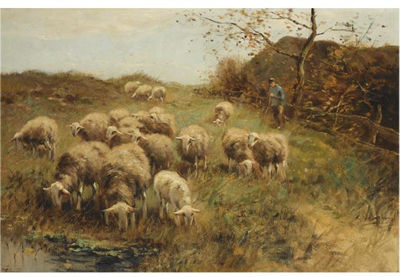 A SHEPHERD WITH HIS FLOCK NEAR A COTTAGE