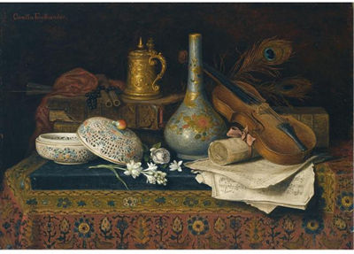 A STILL LIFE WITH CHINESE ARTEFACTS AND A VIOLIN