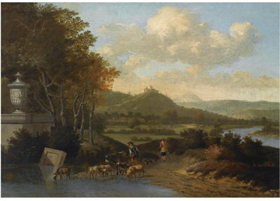 SHEPHERDS WITH THEIR FLOCK WATERING IN A CLASSICAL LANDSCAPE