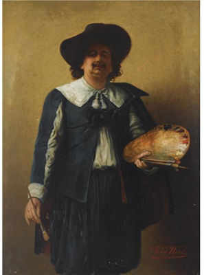 Portrait of Leon Herbo: A SELFPORTRAIT OF THE ARTIST, STANDING THREE QUARTER LENGTH, WEARING A 17TH CENTURY STYLE COSTUME