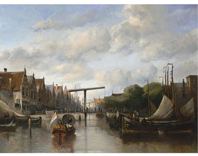 A BUSY CANAL IN A DUTCH TOWN