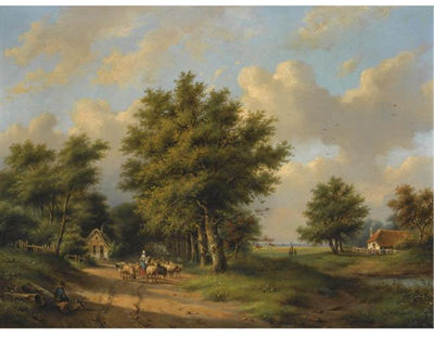 A SUMMER LANDSCAPE WITH A SHEPHERDESS ON A COUNTRY ROAD