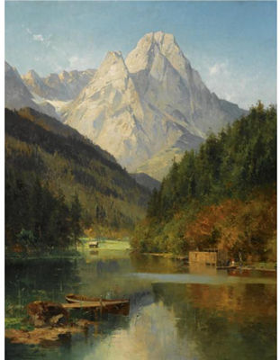 A LAKE AT THE FOOT OF A MOUNTAIN WITH FIGURES IN A ROW BOAT