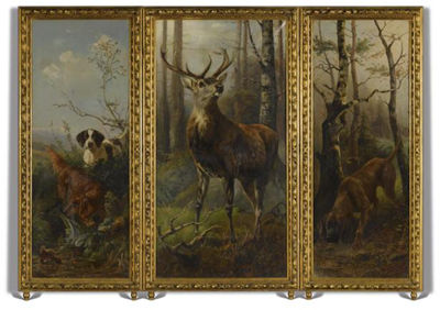 A THREE-FOLD SCREEN DEPICTING HUNTING SCENES