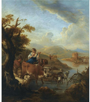A SHEPHERD AND A SHEPHERDESS WITH THEIR HERD FORDING A RIVER IN AN ITALIANATE LANDSCAPE, A TOWER IN THE DISTANCE