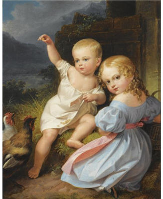 AN INFANT BOY AND A GIRL IN A BLUE DRESS FEEDING CHICKENS