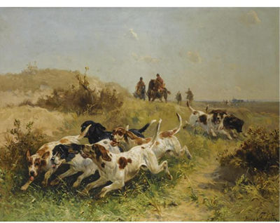 A HUNTING SCENE, SETTERS ON THE SCENT