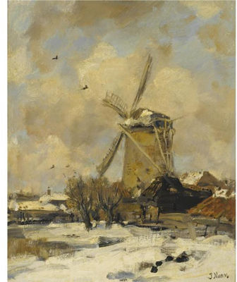 A WINDMILL IN A WINTER LANDSCAPE