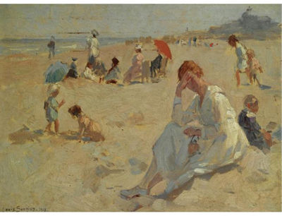 FIGURES AT THE BEACH NEAR SCHEVENINGEN, THE KURHAUS IN THE DISTANCE