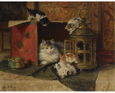 A MOTHER CAT WATCHING HER KITTENS PLAYING by Henriette Ronner - Auction record, sale price, and art valuation. Compare with similar artists and explore comparable artworks.