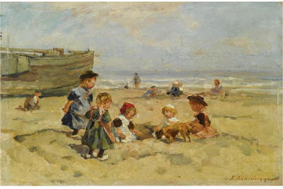 CHILDREN AT PLAY ON THE BEACH IN ZEELAND by Johannes Evert Hendrik Akkeringa - Auction record, sale price, and art valuation. Compare with similar artists and explore comparable artworks.