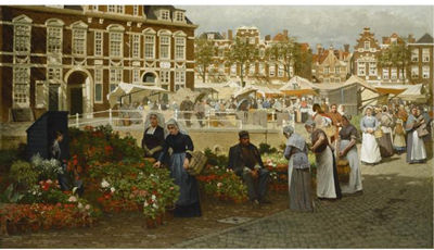 A VIEW OF THE GROTE MARKT IN THE HAGUE, TOWARDS THE BOTERWAAG AND THE PRINSENGRACHT, WITH SCHEVENINGEN WOMEN BUYING FLOWERS by Johannes Christiaan Karel Klinkenberg - Auction record, sale price, and art valuation. Compare with similar artists and explore comparable artworks.