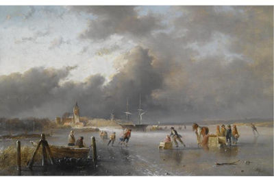 SKATERS ON A FROZEN WATERWAY, A 'KOEK EN ZOPIE' IN THE DISTANCE