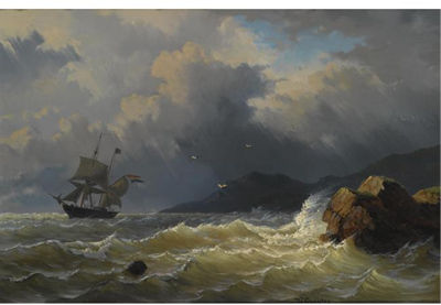 A SAILING VESSEL NEAR A ROCKY COAST