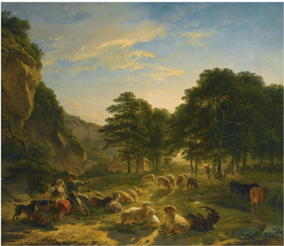 SHEPHERDS AND THEIR FLOCK RESTING IN A LANDSCAPE