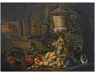 A STILL LIFE OF FRUIT, INCLUDING A MELON, OPEN POMEGRANATES AND GRAPES, AN ORNAMENTAL URN AND TWO RABBITS NEAR A FOUNTAIN IN A FORMAL GARDEN