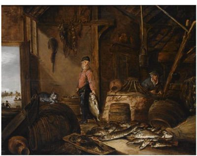 A FISHERMAN IN HIS BARN WITH FRESH-WATER FISH, A WOMAN IN THE BACKGROUND, A CAT PLAYING WITH A FISH ON A BARREL IN THE FOREGROUND