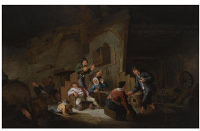 A BARN INTERIOR WITH PEASANTS MAKING MUSIC, DRINKING AND DANCING