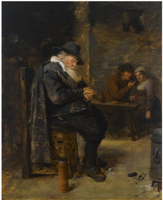 AN ELDERLY MAN SLEEPING IN AN INN WITH AN AMOROUS COUPLE IN THE BACKGROUND