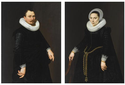 A PORTRAIT OF PIETER MERCHIJS (1582-BEFORE 1628), AGED 39, STANDING THREE-QUARTER LENGTH, WEARING AN ELABORATE BLACK SUIT WITH WHITE LACE CUFFS AND A MILL-STONE COLLAR, HOLDING A HAT;AND A PORTRAIT OF HIS WIFE, MARIA FLORIANUS (BORN 1600), AGED 22, STANDI