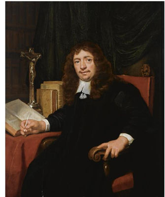 PORTRAIT OF A MAN SEATED AT A TABLE IN HIS STUDY, HOLDING A PEN