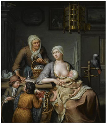 A MOTHER NURSING A CHILD IN AN INTERIOR, TOGETHER WITH TWO YOUNG BOYS TAKING CHERRIES AND AN ELDERLY WOMAN BRINGING A BASKET WITH EGGS