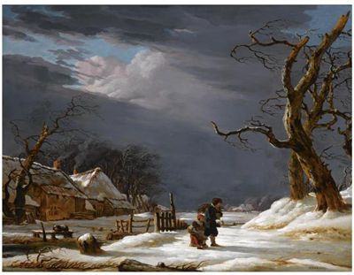 A WINTER LANDSCAPE WITH A MAN AND A CHILD WALKING THROUGH THE SNOW NEAR A FARMHOUSE