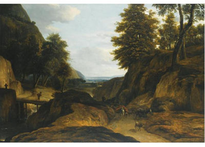 A WOODED MOUNTAIN LANDSCAPE WITH A HERDSMAN AND HIS CATTLE, A TRAVELER CROSSING A BRIDGE OVER A