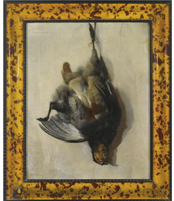 A STILL LIFE OF A GREY-LEG PARTRIDGE SUSPENDED FROM A NAIL