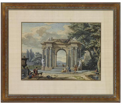 ITALIANATE LANDSCAPE WITH TWO FIGURES ON AN ELABORATE TERRACE