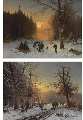 HUNTERS IN THE SNOW; HUNTERS ON A WINTRY DAY (A PAIR)